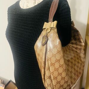 Gucci Tan and Brown Shoulder Bag with Gold Accents